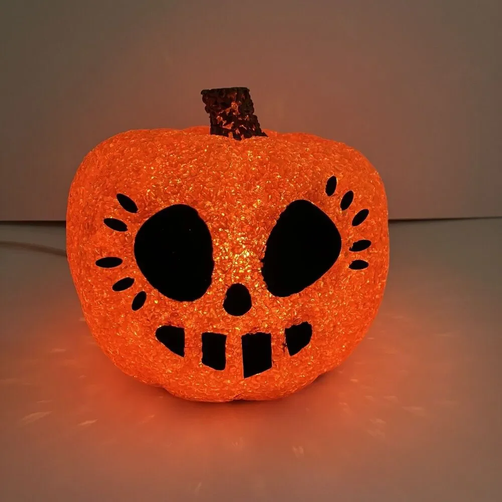 Vintage Halloween Melted Plastic Jack O  Lantern Lighted Sparkling 6” X 7”